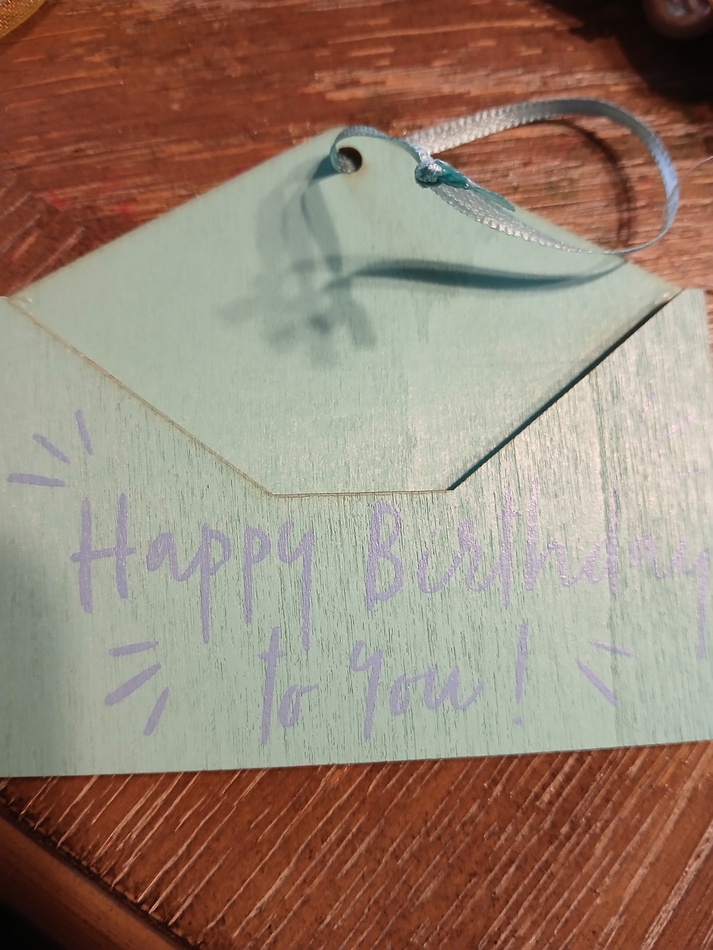 Happy Birthday Wooden Teal Gift Card Holder with Lavender Lettering